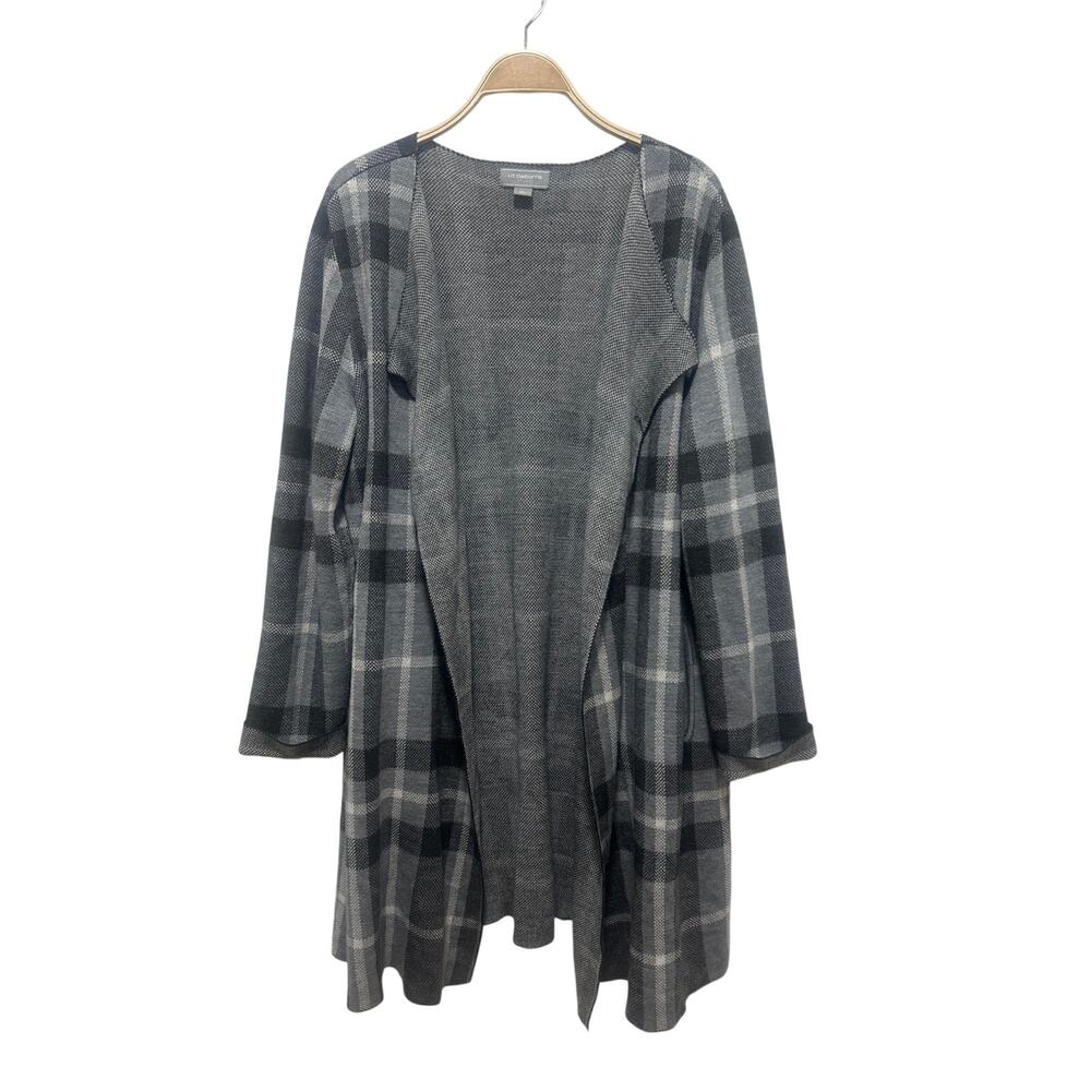 Liz Claiborne Studio Long Duster Tunic Gray Plaid Cardigan Open Sweater XL